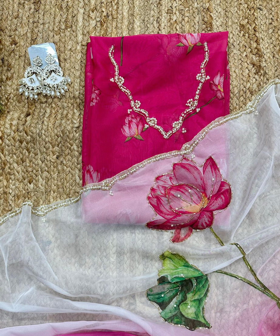 Soft Tebi Silk Two Color Shaded Beautiful Flower Printed Sari With Blouse