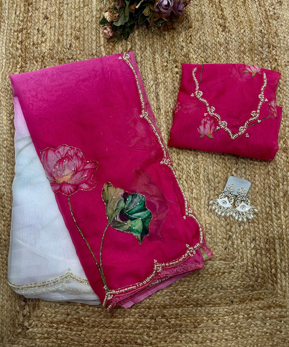 Soft Tebi Silk Two Color Shaded Beautiful Flower Printed Sari With Blouse