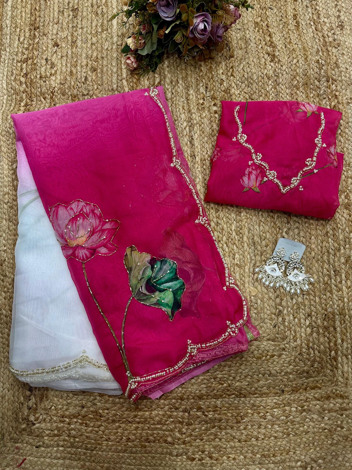 Soft Tebi Silk Two Color Shaded Beautiful Flower Printed Sari With Blouse