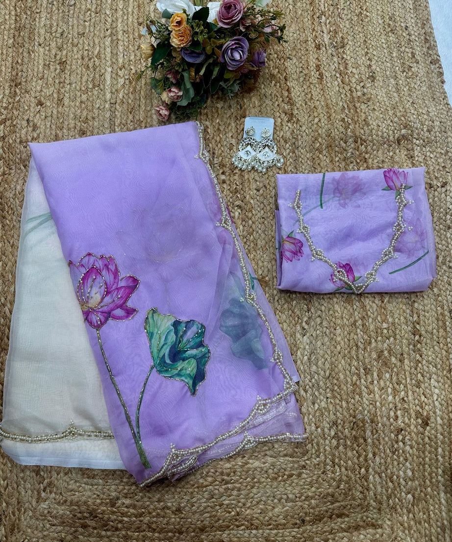 Soft Tebi Silk Two Color Shaded Beautiful Flower Printed Sari With Blouse