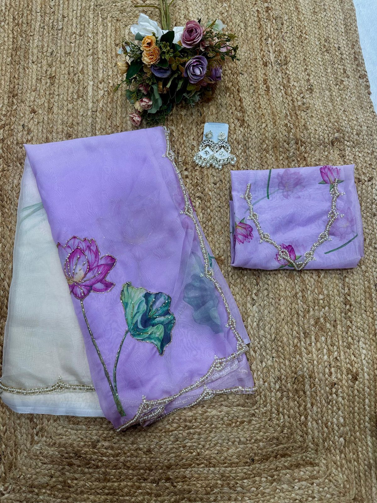 Soft Tebi Silk Two Color Shaded Beautiful Flower Printed Sari With Blouse