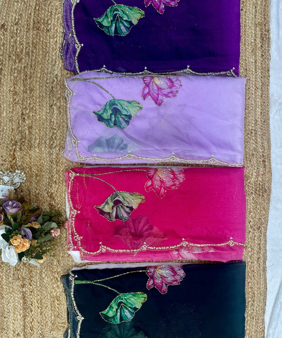 Soft Tebi Silk Two Color Shaded Beautiful Flower Printed Sari With Blouse