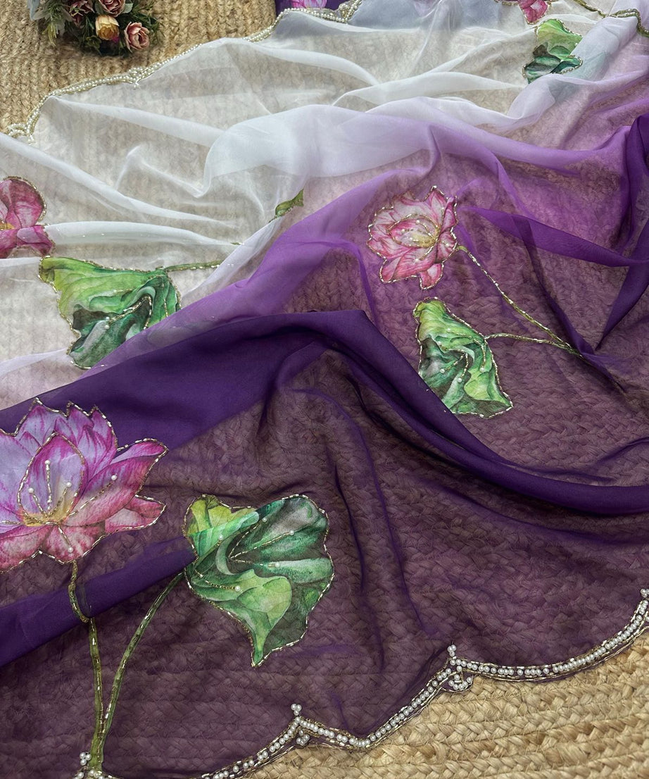 Soft Tebi Silk Two Color Shaded Beautiful Flower Printed Sari With Blouse