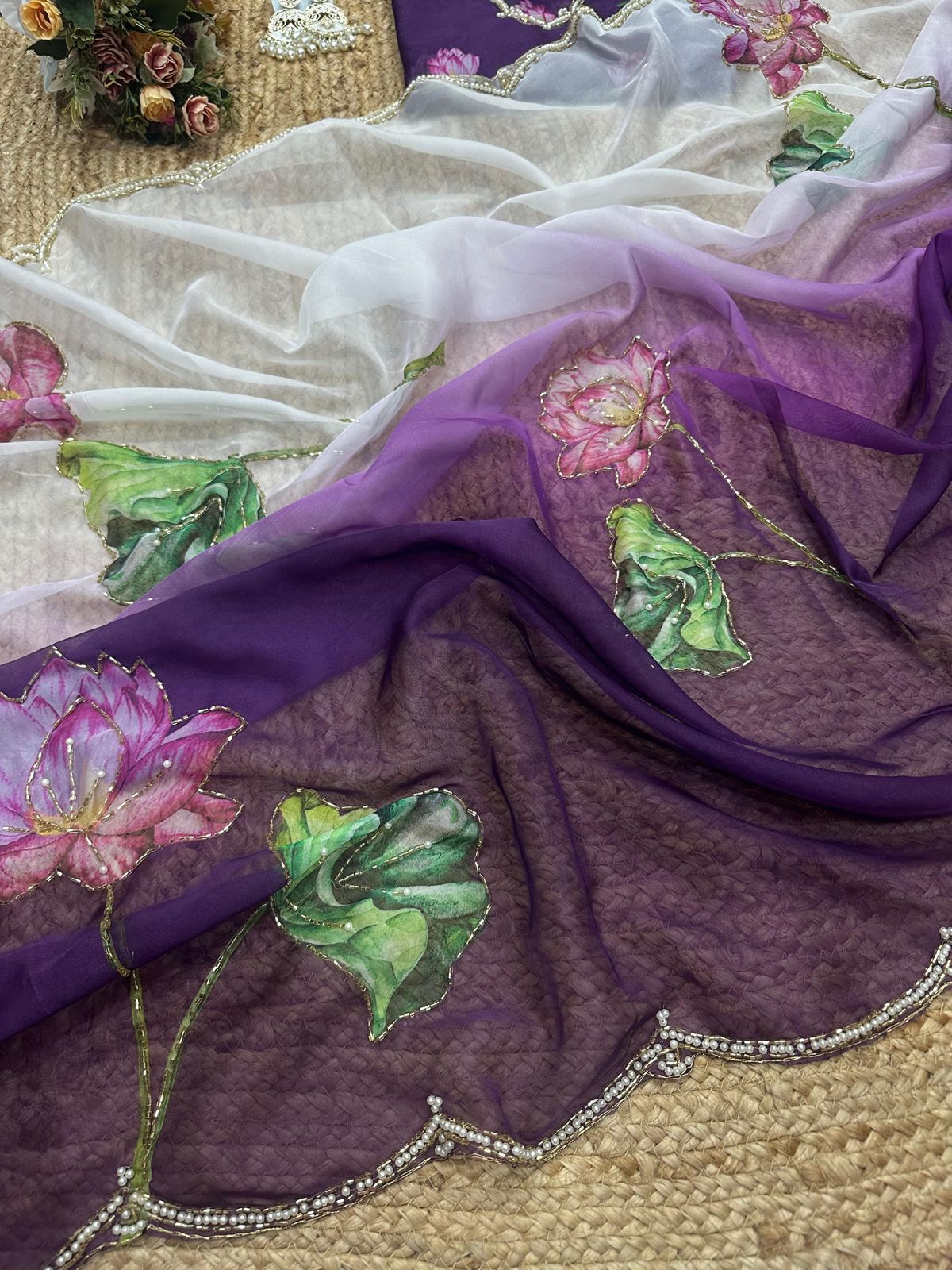 Soft Tebi Silk Two Color Shaded Beautiful Flower Printed Sari With Blouse