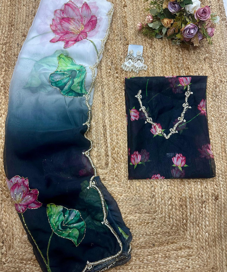 Soft Tebi Silk Two Color Shaded Beautiful Flower Printed Sari With Blouse