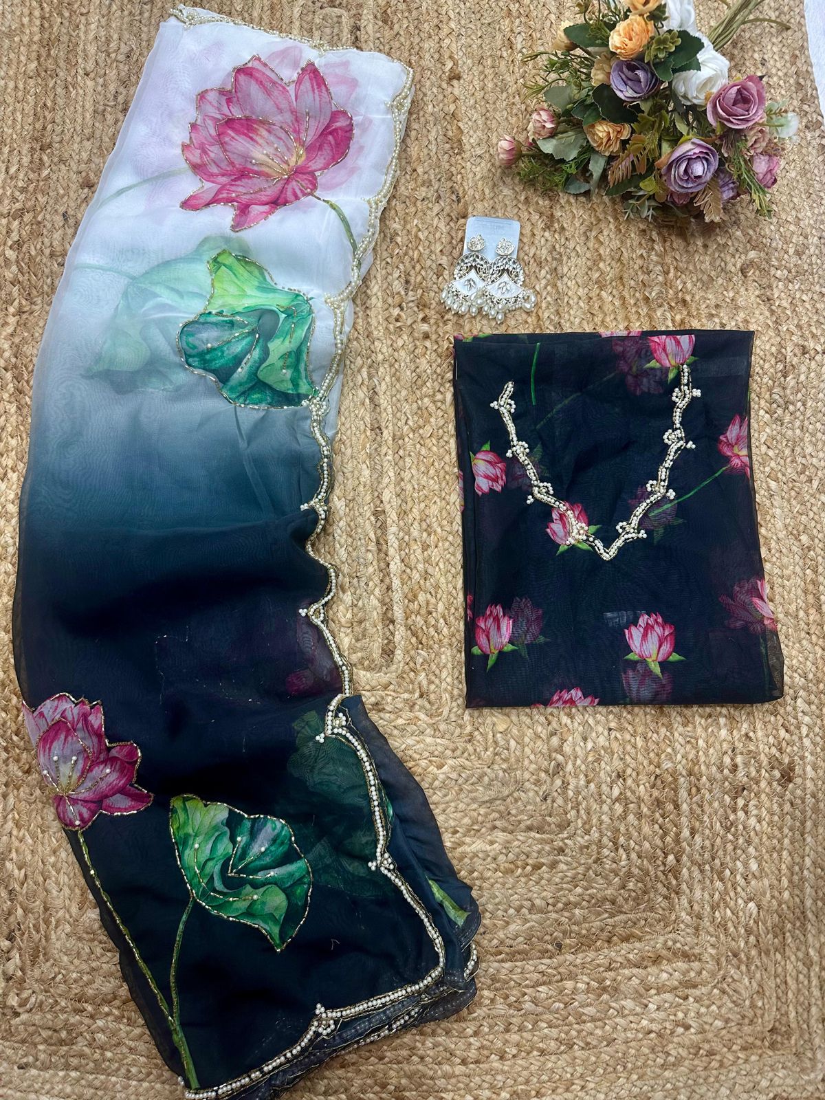 Soft Tebi Silk Two Color Shaded Beautiful Flower Printed Sari With Blouse