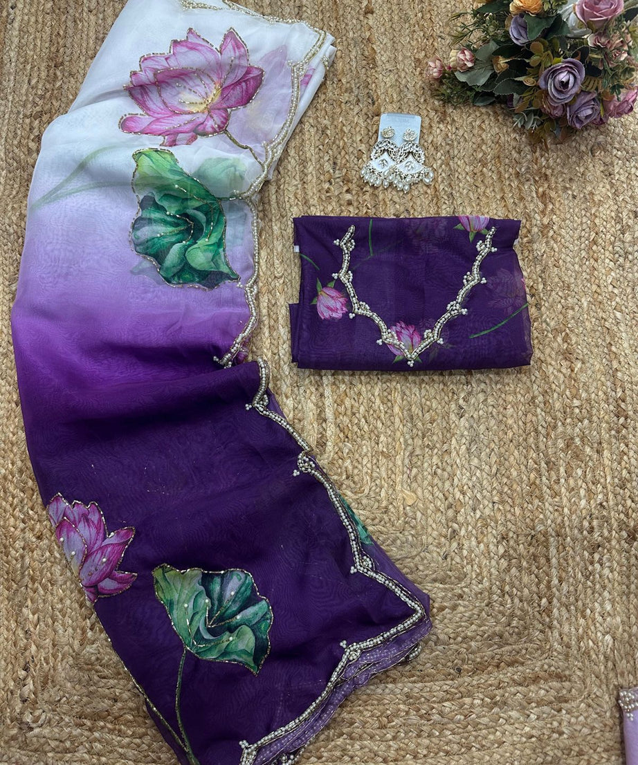 Soft Tebi Silk Two Color Shaded Beautiful Flower Printed Sari With Blouse