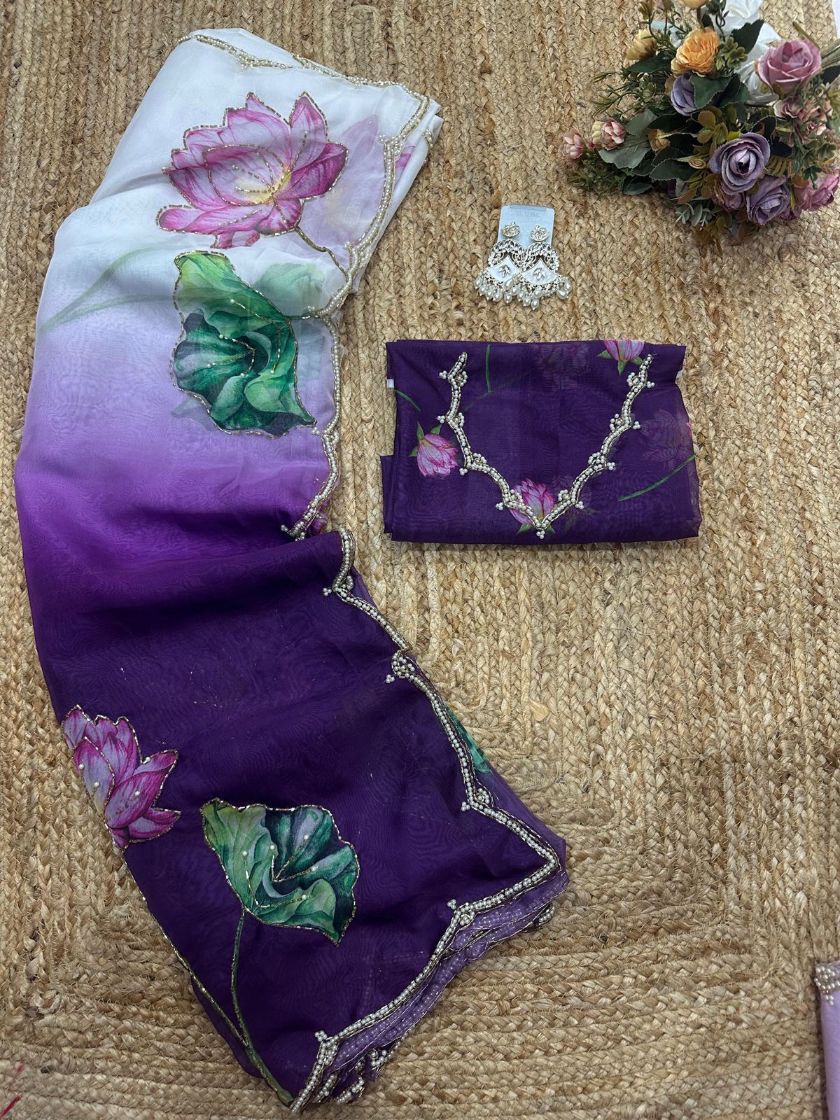 Soft Tebi Silk Two Color Shaded Beautiful Flower Printed Sari With Blouse