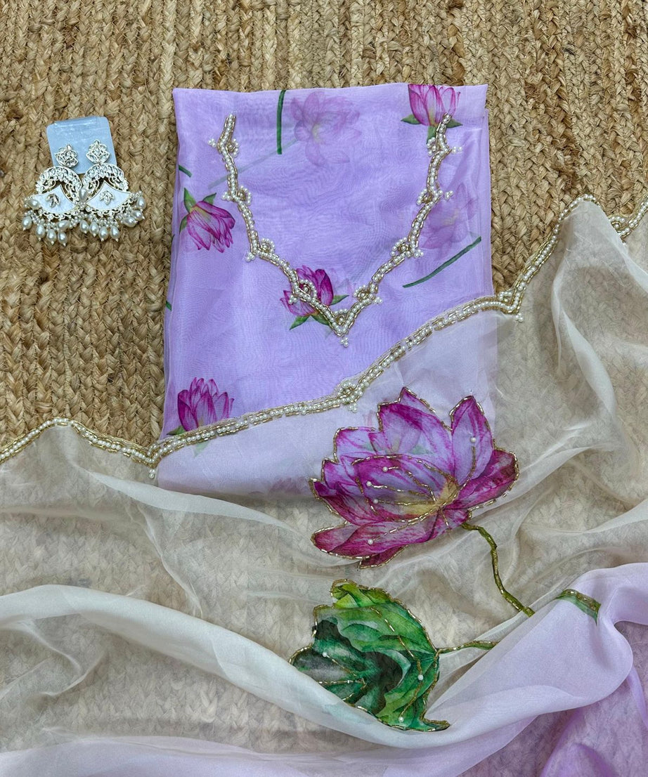 Soft Tebi Silk Two Color Shaded Beautiful Flower Printed Sari With Blouse