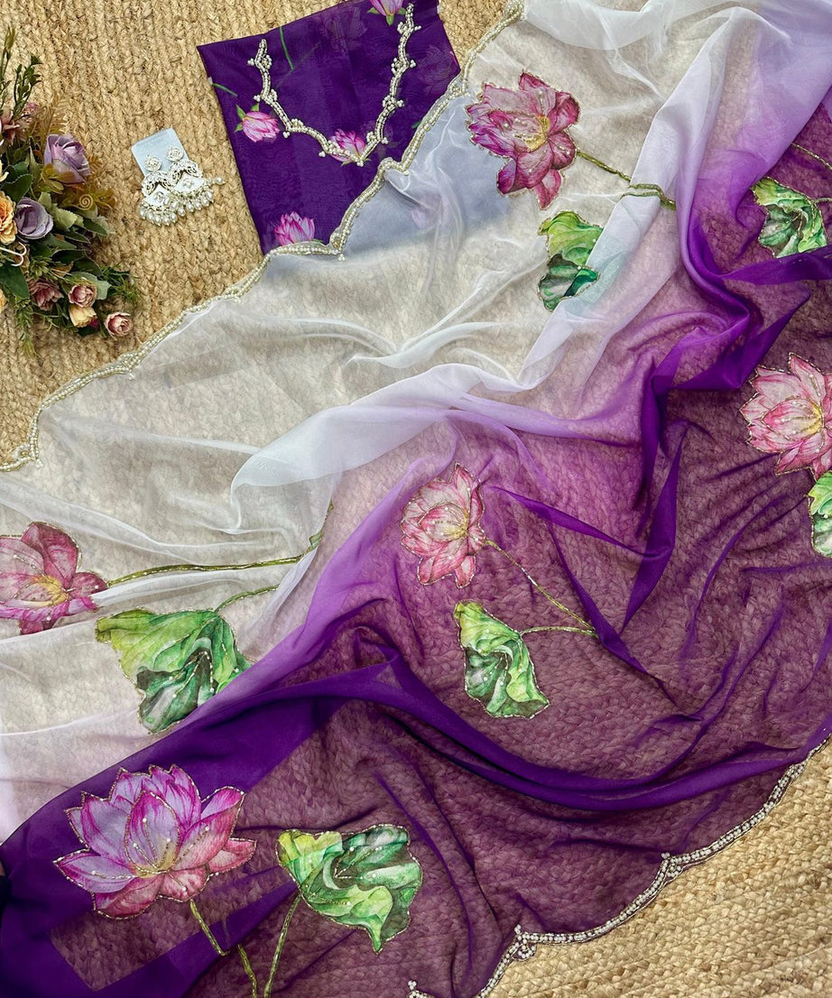 Soft Tebi Silk Two Color Shaded Beautiful Flower Printed Sari With Blouse