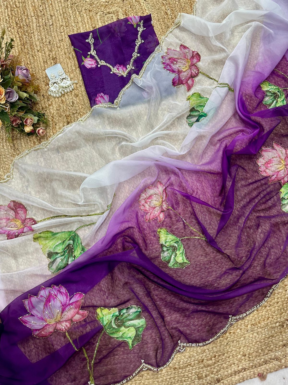 Soft Tebi Silk Two Color Shaded Beautiful Flower Printed Sari With Blouse