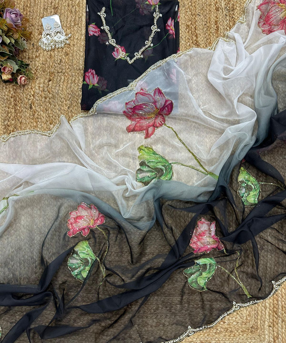 Soft Tebi Silk Two Color Shaded Beautiful Flower Printed Sari With Blouse