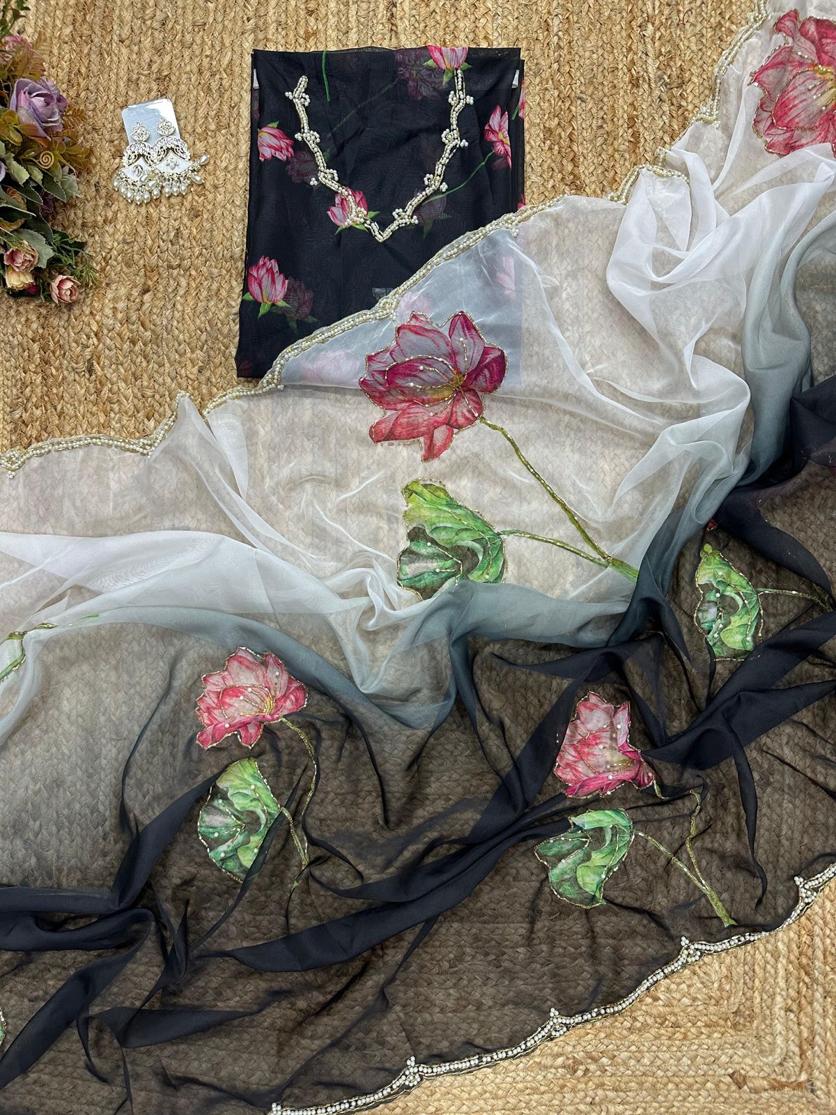 Soft Tebi Silk Two Color Shaded Beautiful Flower Printed Sari With Blouse