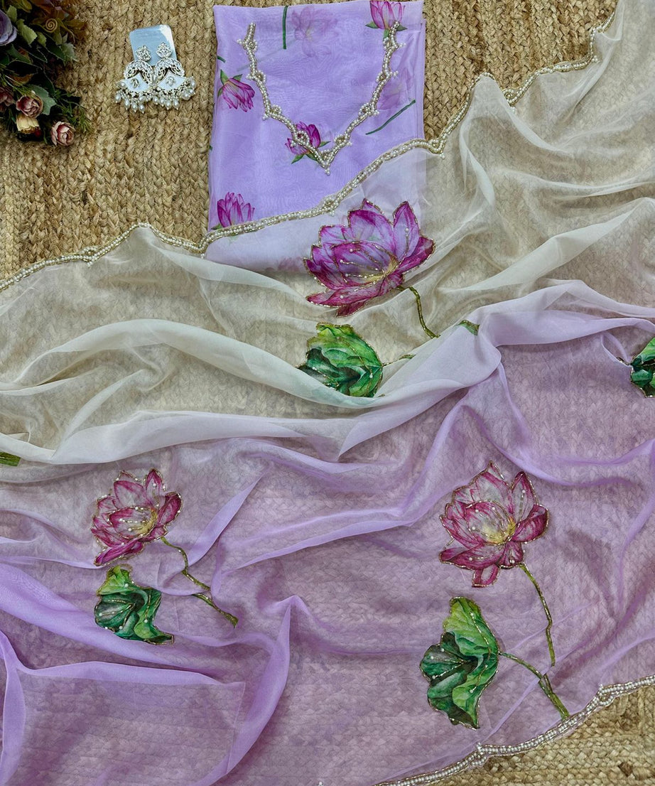 Soft Tebi Silk Two Color Shaded Beautiful Flower Printed Sari With Blouse