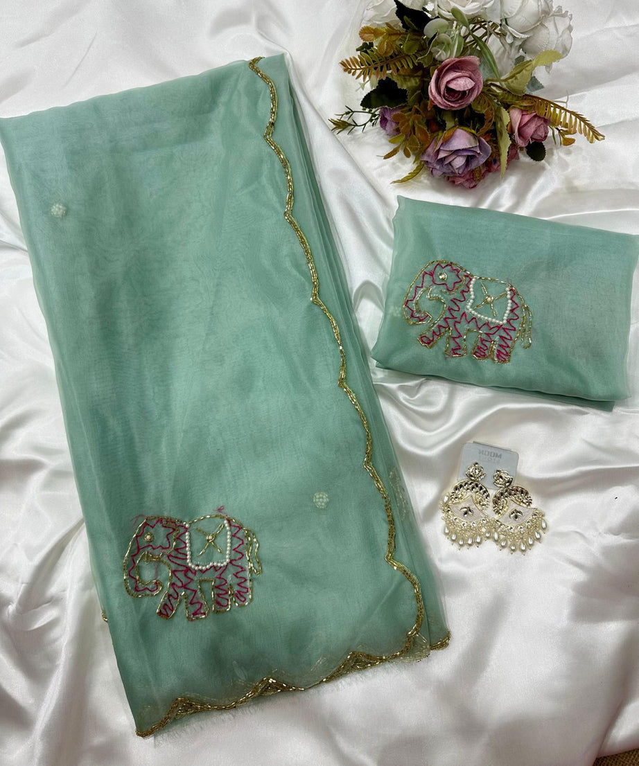 Soft Pure Organza Printed Beautiful Sari, Party Wear Saree With Blouse