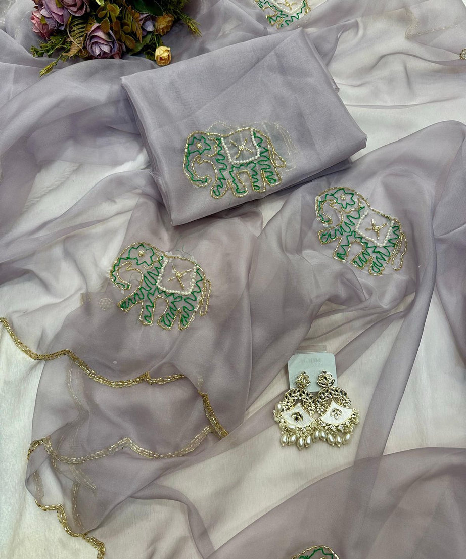 Soft Pure Organza Printed Beautiful Sari, Party Wear Saree With Blouse