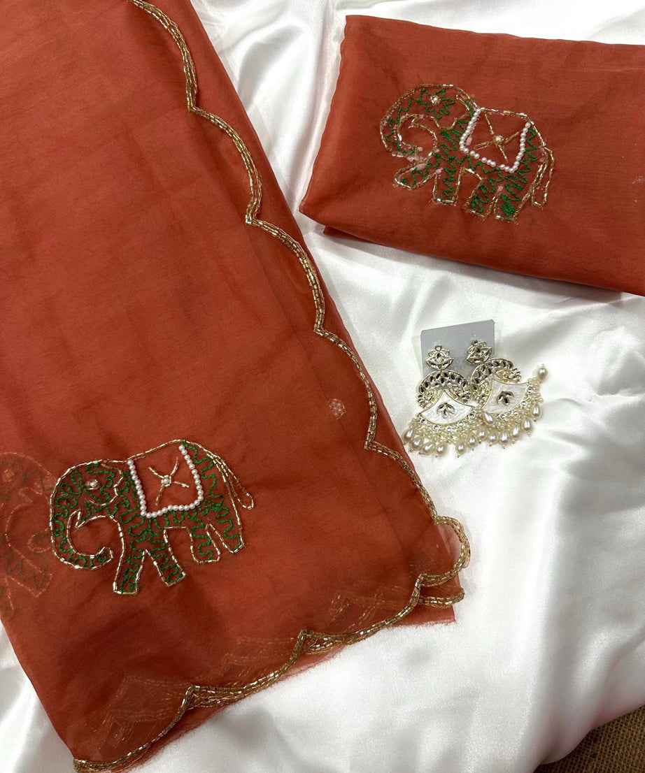 Soft Pure Organza Printed Beautiful Sari, Party Wear Saree With Blouse