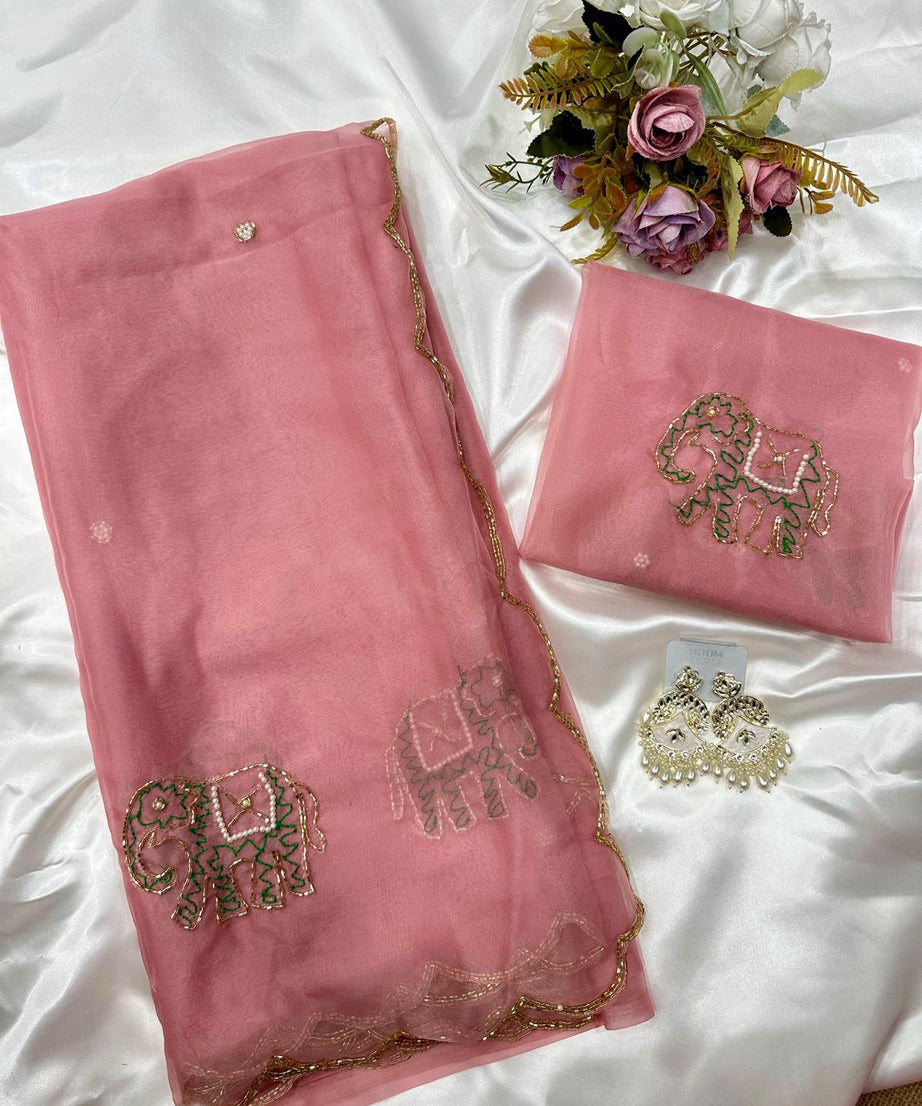 Soft Pure Organza Printed Beautiful Sari, Party Wear Saree With Blouse