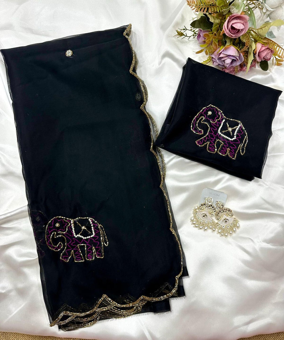 Soft Pure Organza Printed Beautiful Sari, Party Wear Saree With Blouse