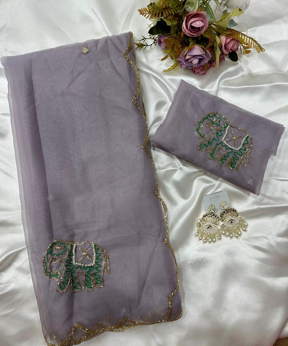 Soft Pure Organza Printed Beautiful Sari, Party Wear Saree With Blouse