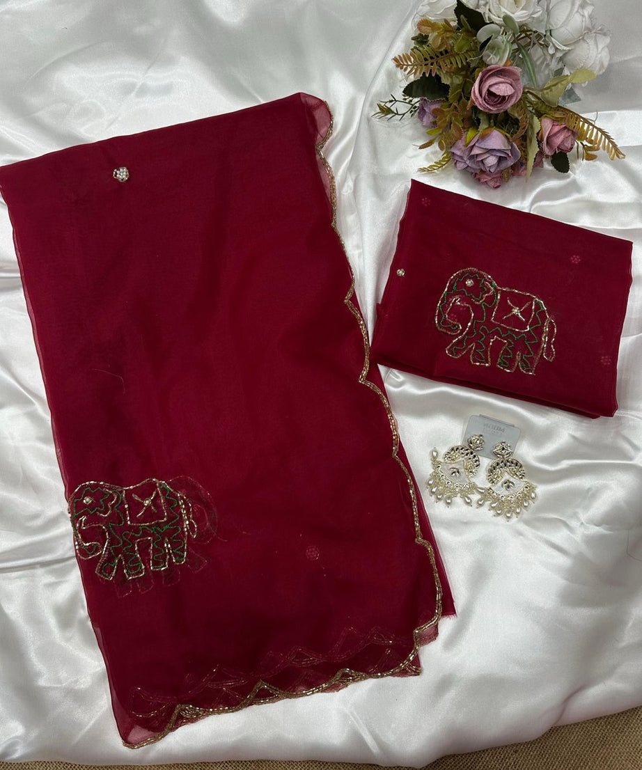 Soft Pure Organza Printed Beautiful Sari, Party Wear Saree With Blouse