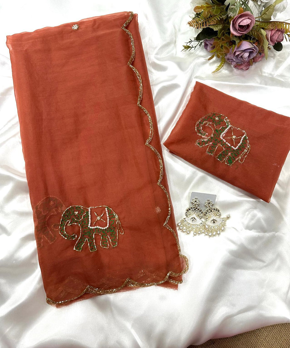 Soft Pure Organza Printed Beautiful Sari, Party Wear Saree With Blouse