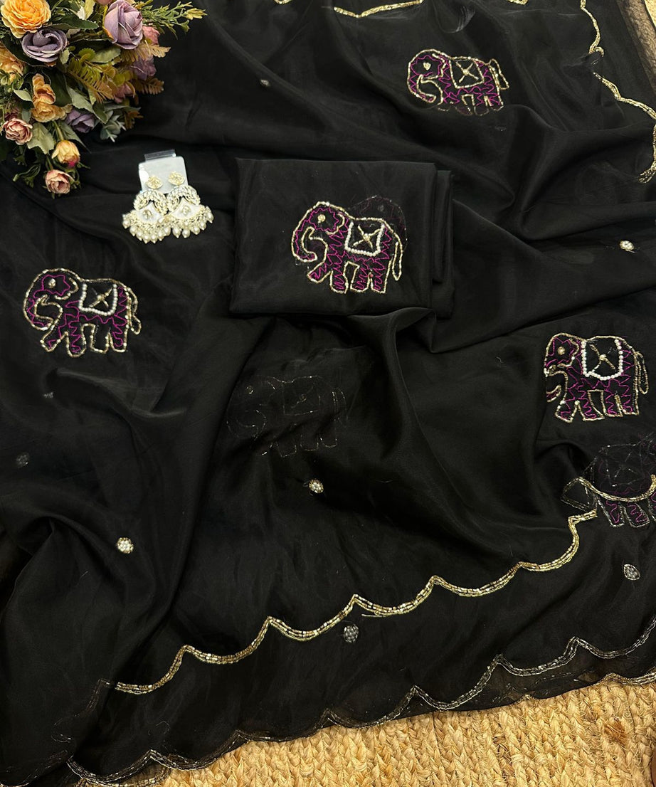 Soft Pure Organza Printed Beautiful Sari, Party Wear Saree With Blouse