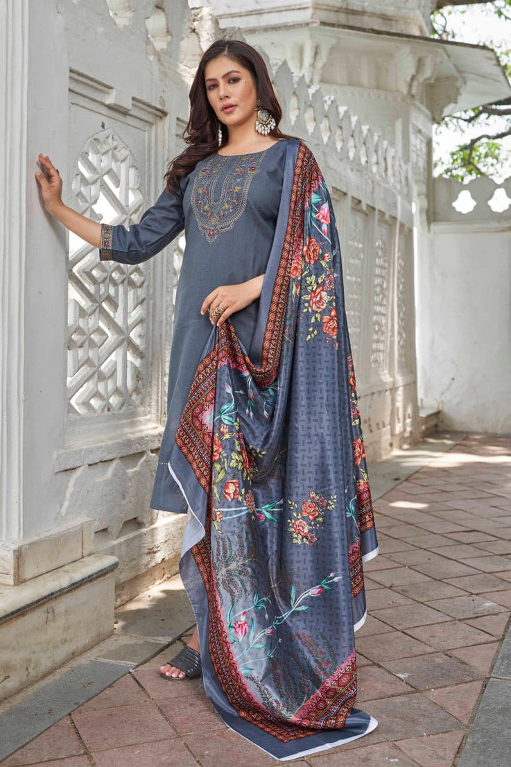 Cotton Blend Yoke Design Traditional Wear Top Pant & Dupatta