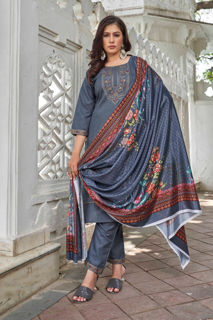 Cotton Blend Yoke Design Traditional Wear Top Pant & Dupatta