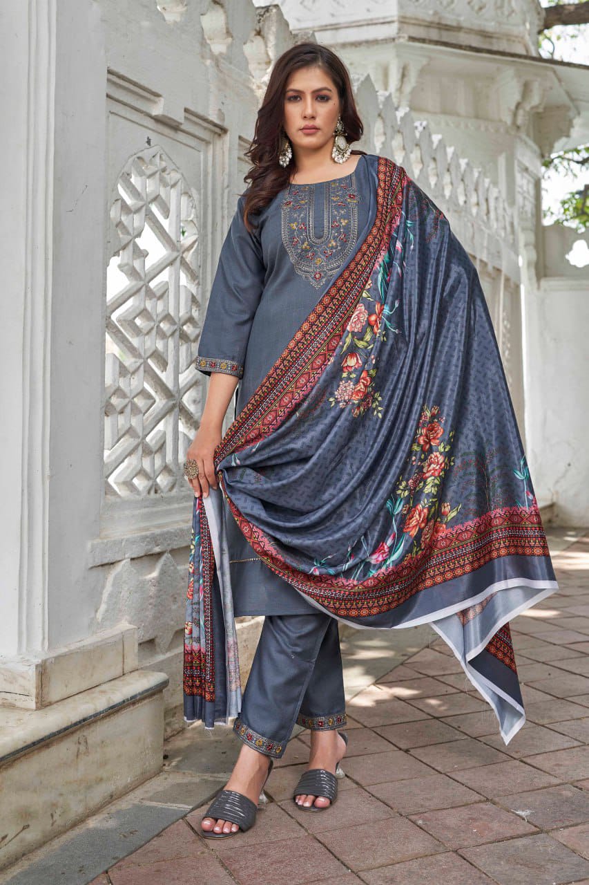 Cotton Blend Yoke Design Traditional Wear Top Pant & Dupatta