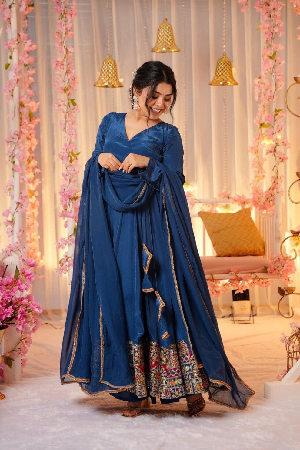 Traditional Wear Beautiful Vichitra Silk Anarkali Kurta With Dupatta Suit