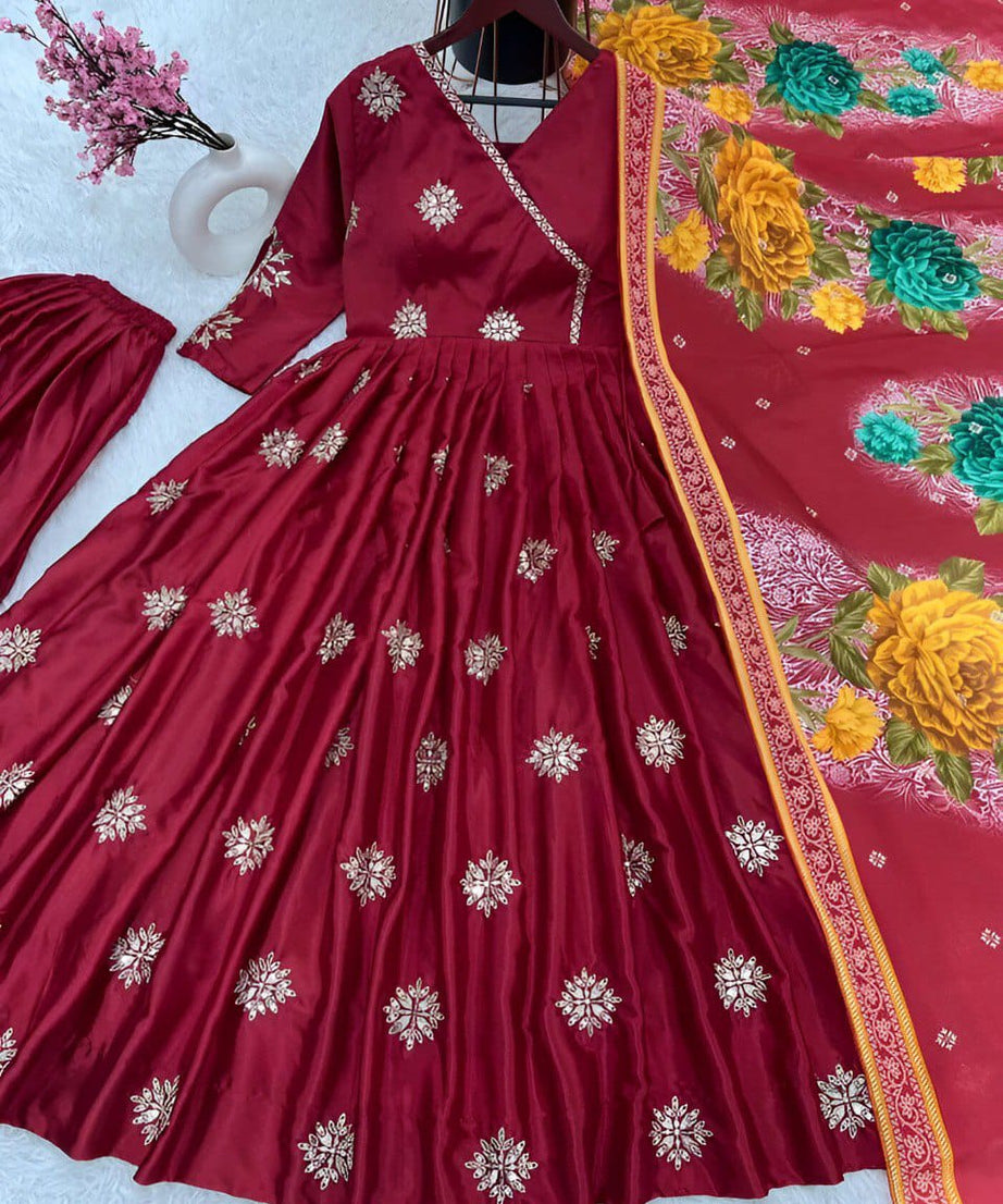 Traditional Wedding Wear Roman Silk Anarkali Kurta Pant With Dupatta Suit