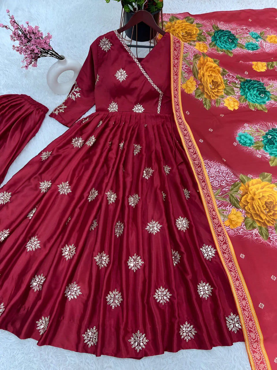 Traditional Wedding Wear Roman Silk Anarkali Kurta Pant With Dupatta Suit