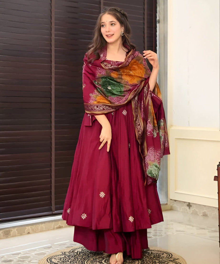 Traditional Wedding Wear Roman Silk Anarkali Kurta Pant With Dupatta Suit