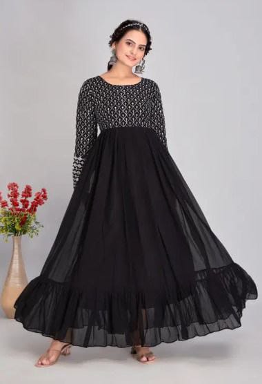 Black Embroidered Beautiful Georgette Long Anarkali Gown Dress