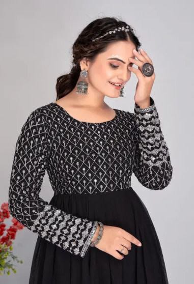 Black Embroidered Beautiful Georgette Long Anarkali Gown Dress