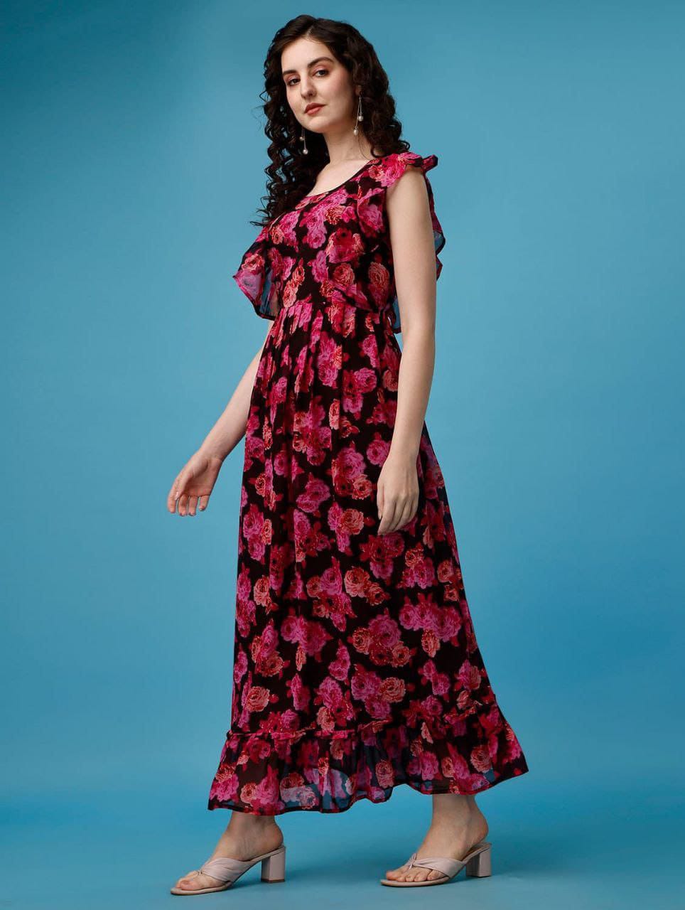 Stylish Beautiful Georgette Printed Long Flared Dress Gown