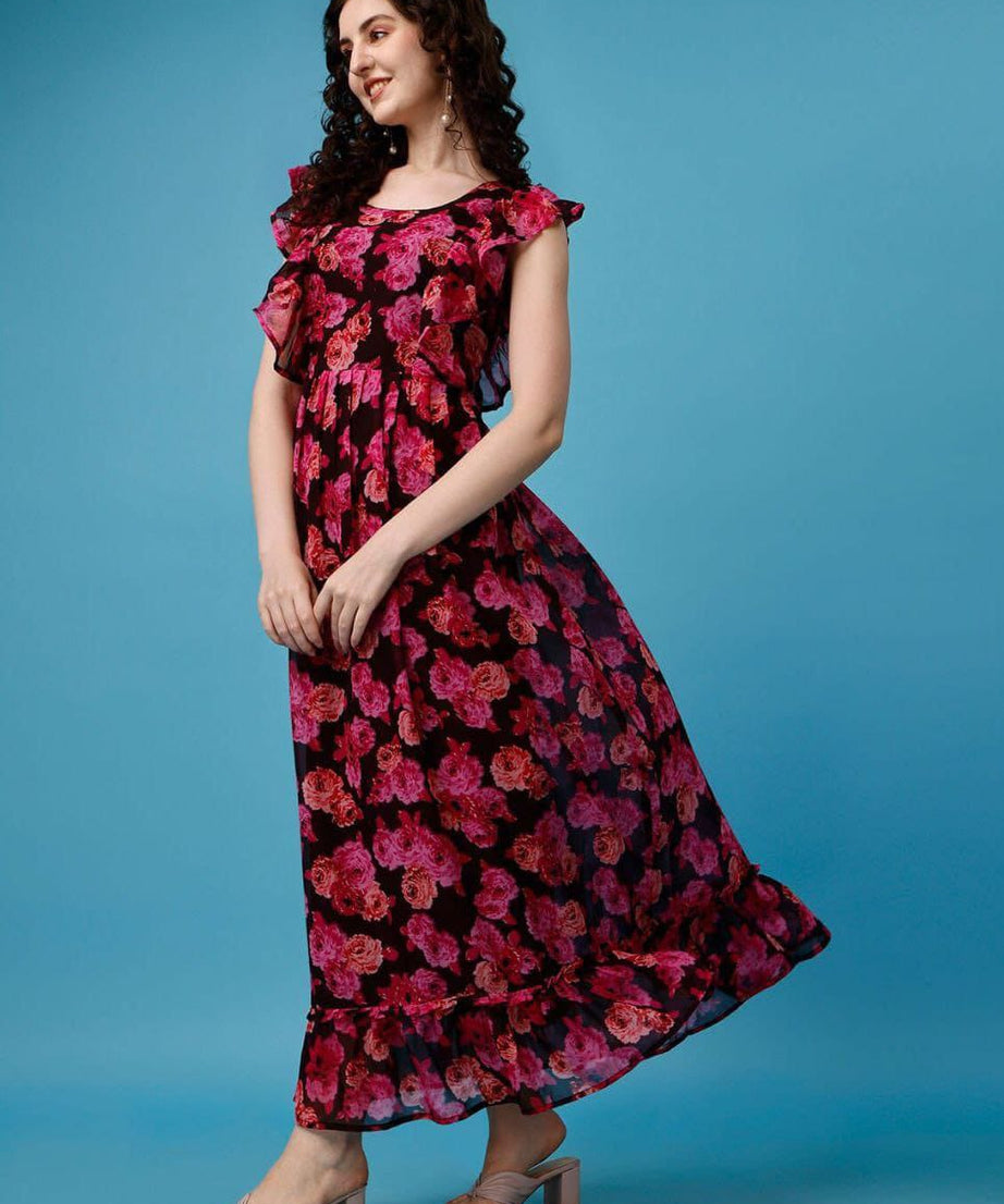 Stylish Beautiful Georgette Printed Long Flared Dress Gown