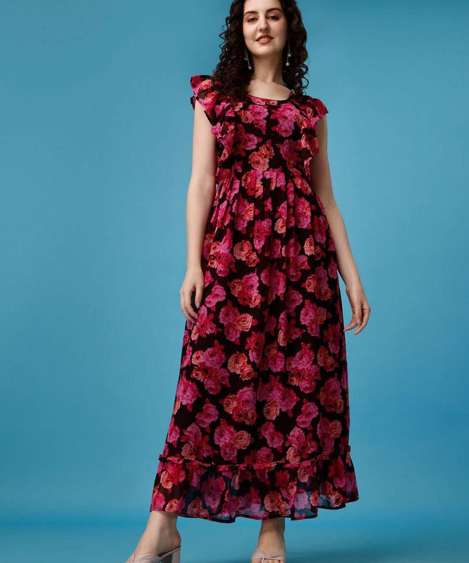 Stylish Beautiful Georgette Printed Long Flared Dress Gown