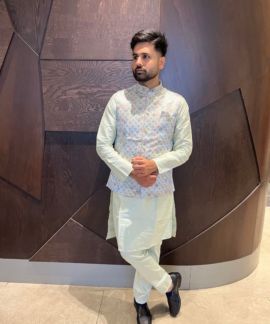 Traditional Wear Pure Cotton Kurta With Koti Set For Men's