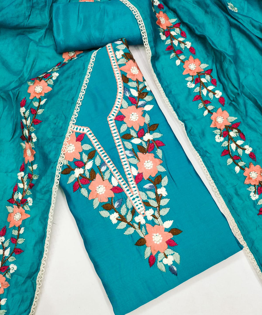 Traditional Beautiful Roman Silk Designer Top Bottom & Dupatta