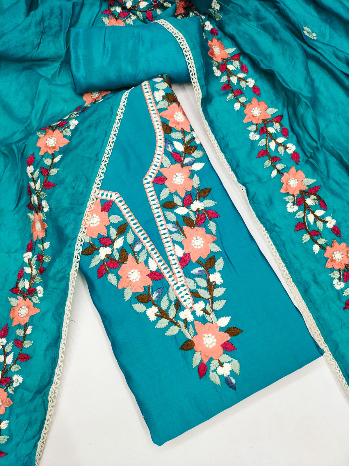 Traditional Beautiful Roman Silk Designer Top Bottom & Dupatta