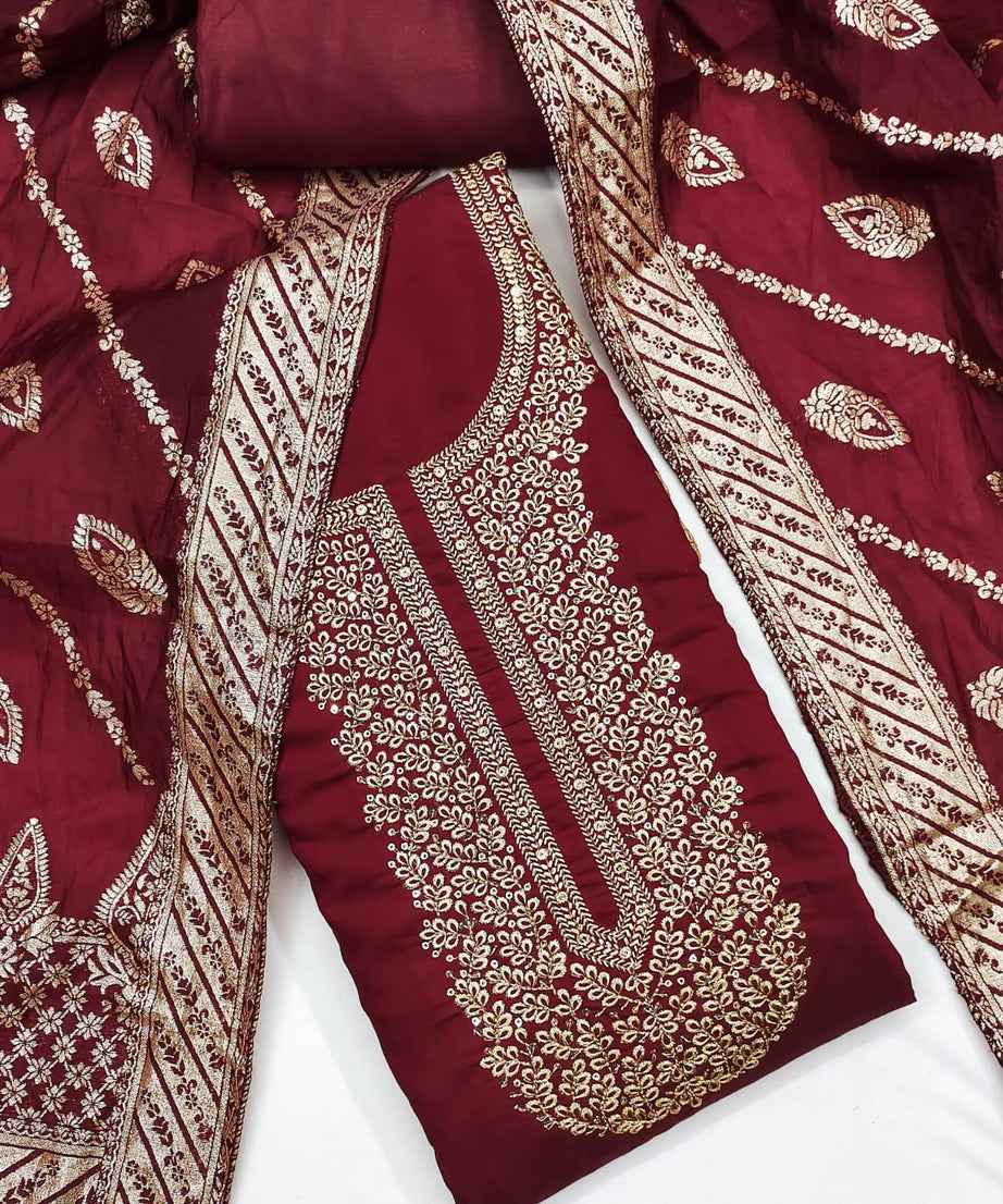 Traditional Wedding Wear Indian Roman Silk Designer Top Bottom & Dupatta