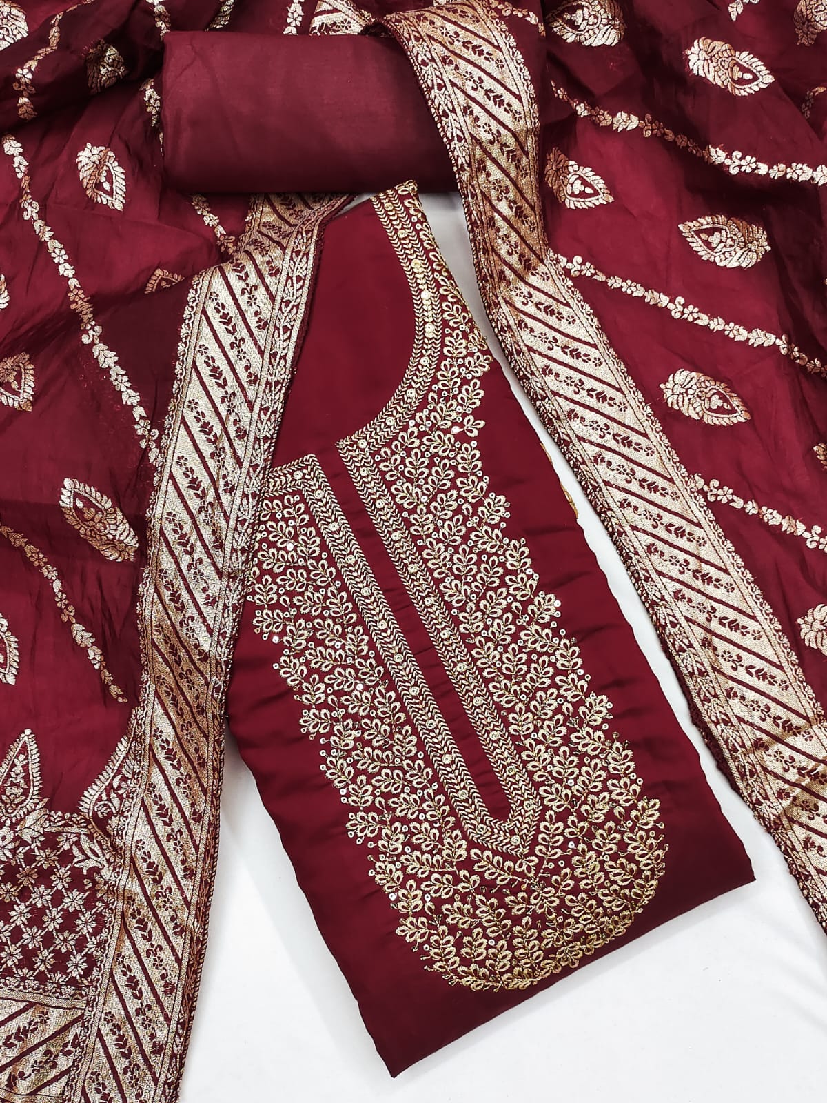 Traditional Wedding Wear Indian Roman Silk Designer Top Bottom & Dupatta