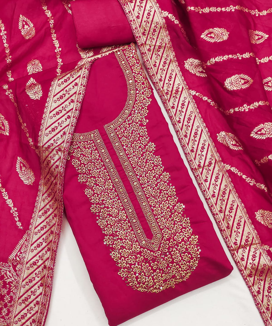 Traditional Wedding Wear Indian Roman Silk Designer Top Bottom & Dupatta