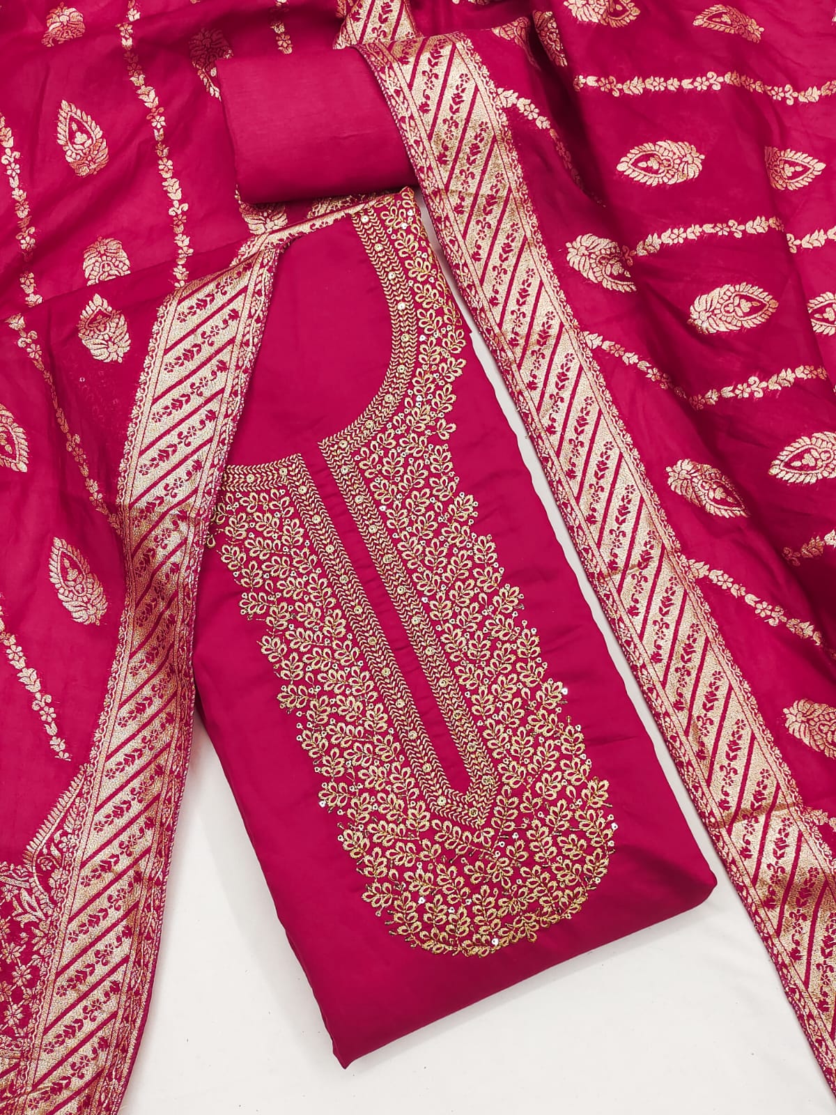 Traditional Wedding Wear Indian Roman Silk Designer Top Bottom & Dupatta
