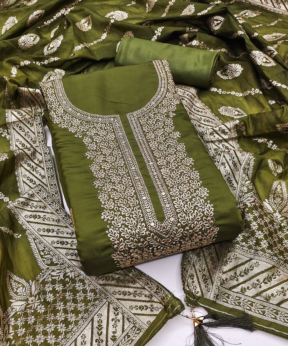 Traditional Wedding Wear Indian Roman Silk Designer Top Bottom & Dupatta