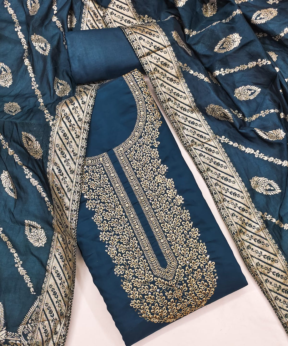 Traditional Wedding Wear Indian Roman Silk Designer Top Bottom & Dupatta