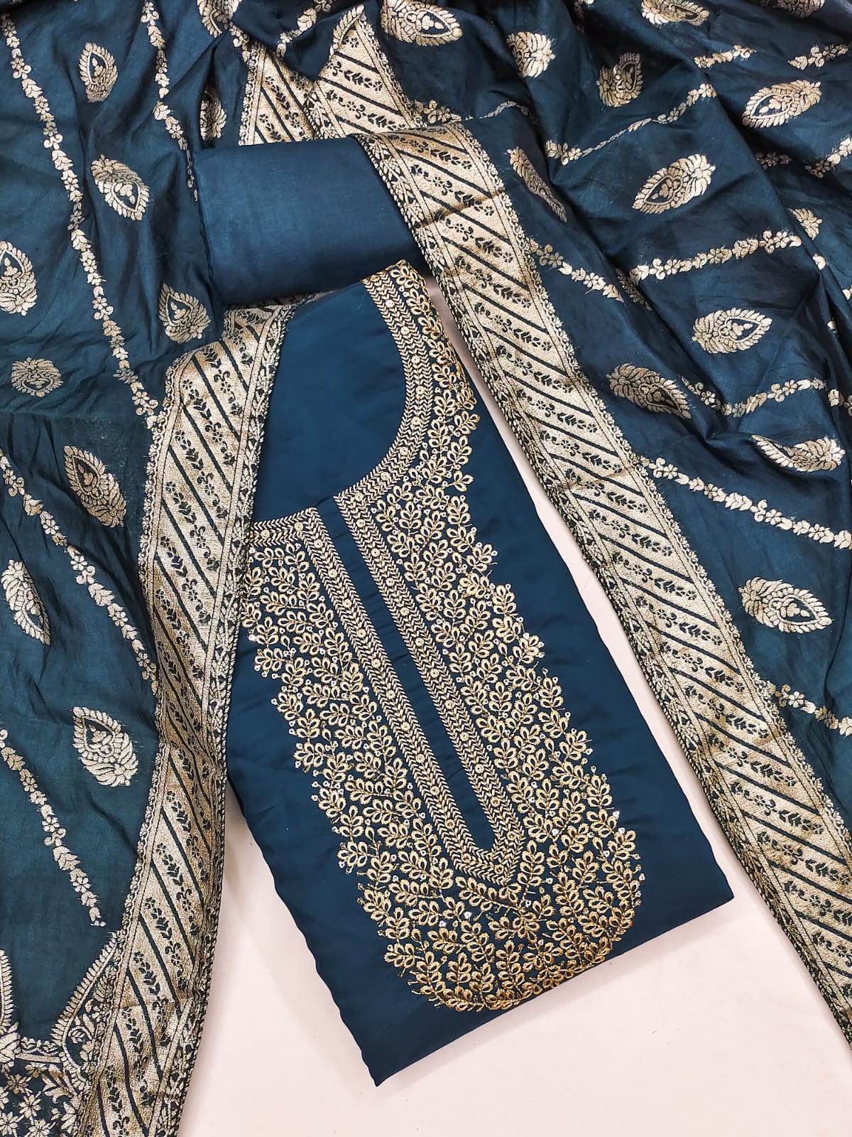 Traditional Wedding Wear Indian Roman Silk Designer Top Bottom & Dupatta