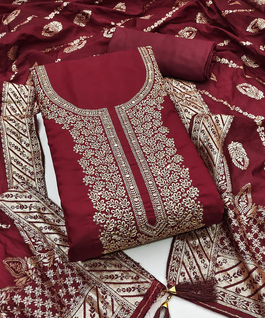 Traditional Wedding Wear Indian Roman Silk Designer Top Bottom & Dupatta